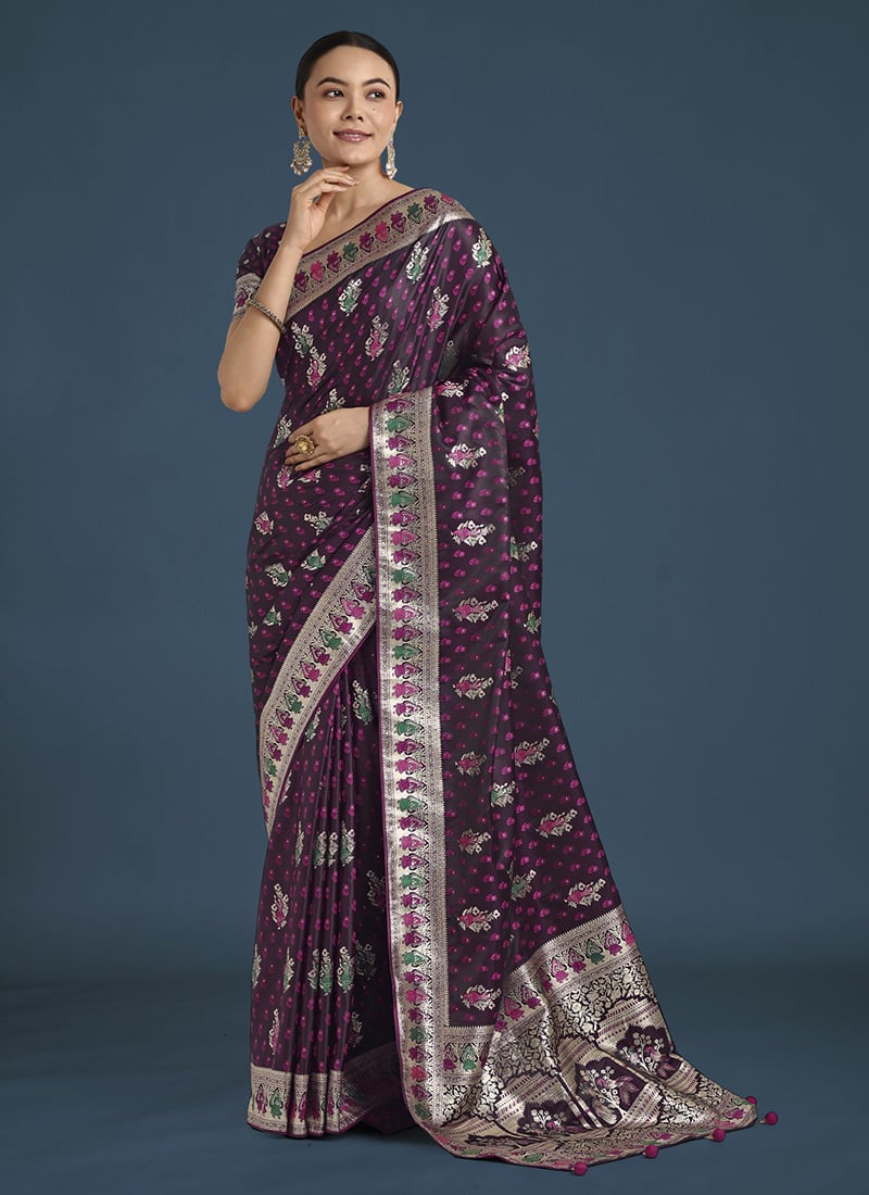 Wine Banarasi Silk Zari Woven Saree Festive Wear