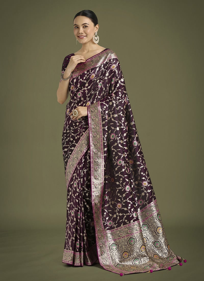 Wine Banarasi Silk Zari Woven Saree Festive Wear
