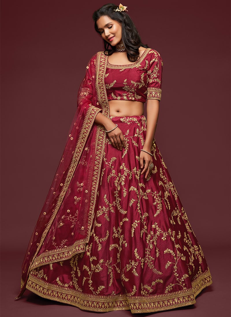 Wine Benarasi Silk Embroidered N Sequins Umbrella Lehenga Party Wear