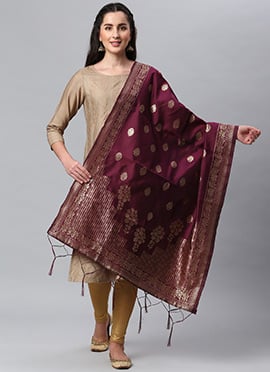 Wine Benarasi Silk Jacquard Woven Dupatta