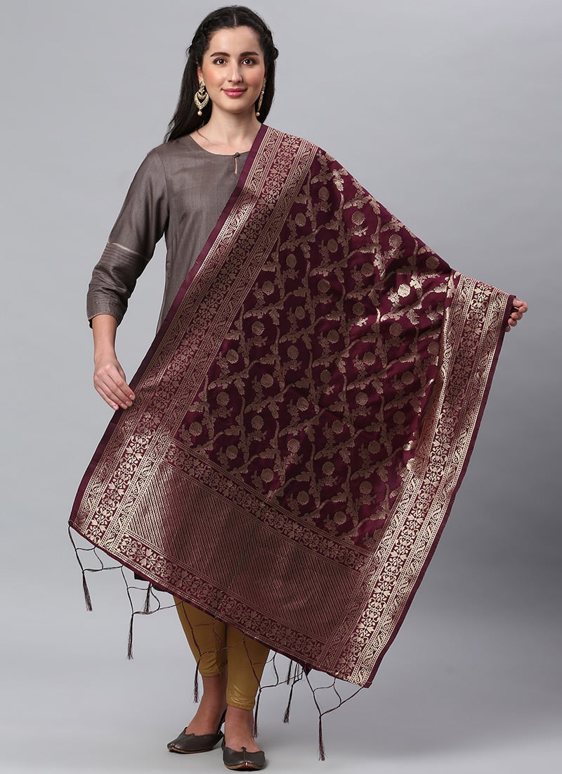 Wine Benarasi Silk Jacquard Woven Dupatta Festive Wear