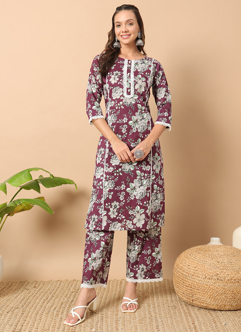 Joy Pima Satin Stripe Wine Kurta Set main image 1