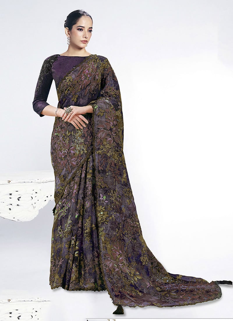 Wine Brasso Embroidery With Stone Saree