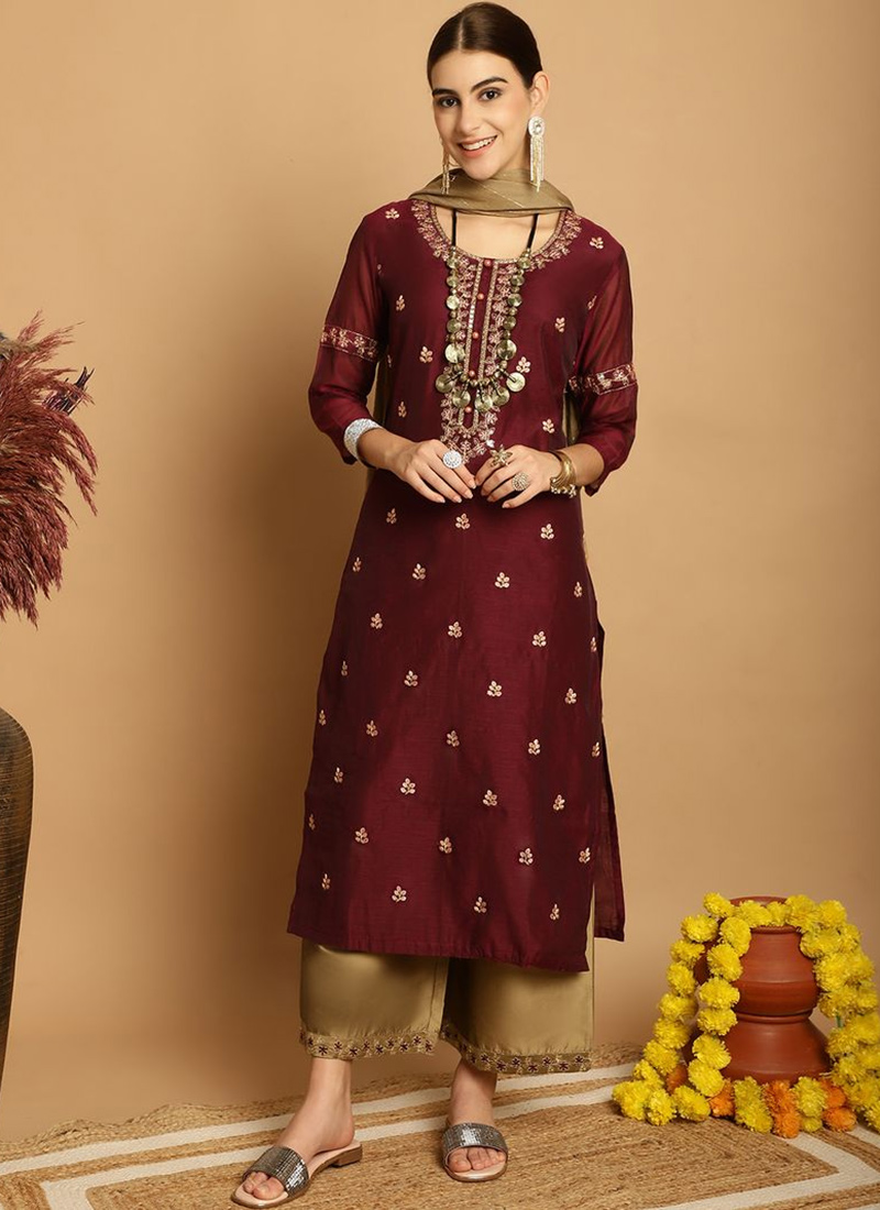 Wine Chanderi Embroidered Palazzo Suit After Six Wear