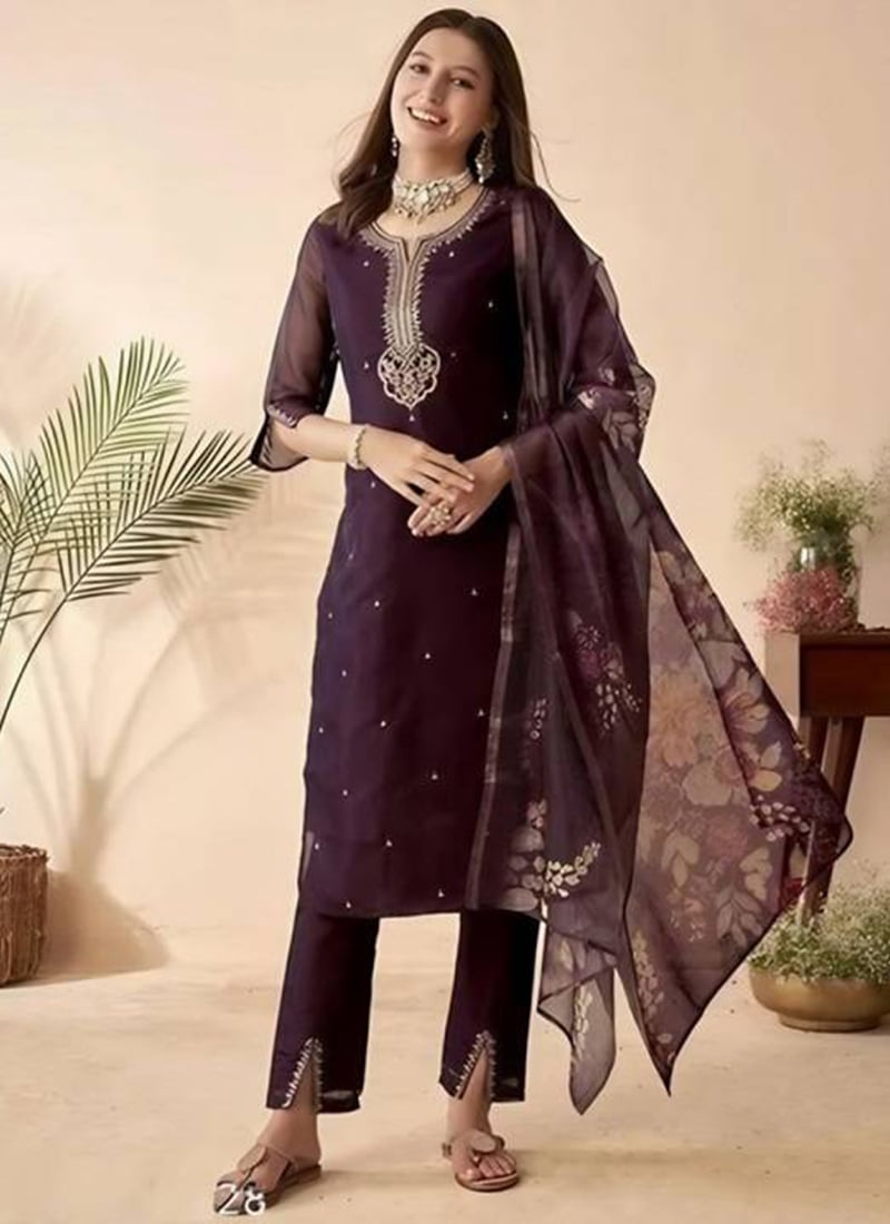 Wine Chanderi Embroidered Straight Pant Suit With Digital Print Dupatta Festive Wear