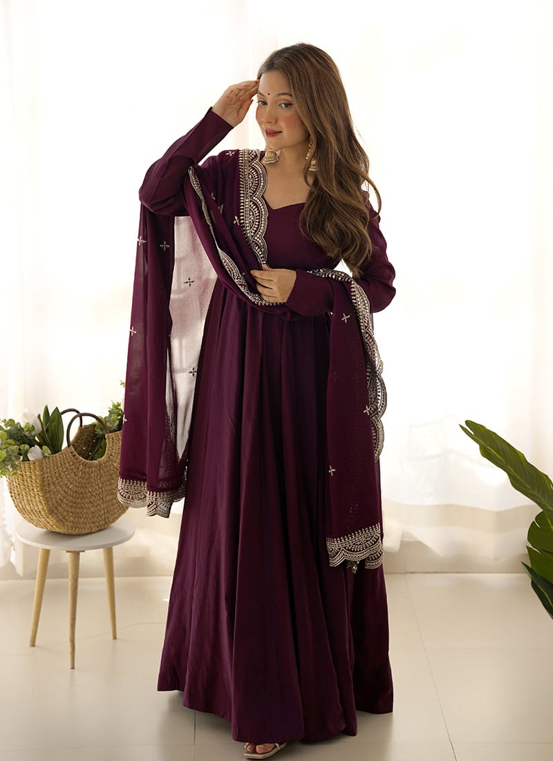 Wine Chanderi Silk Anarkali Suit With Embroidered Sequins Dupatta After Six Wear