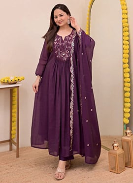 Wine Chanderi Silk Embroidered Anarkali Suit