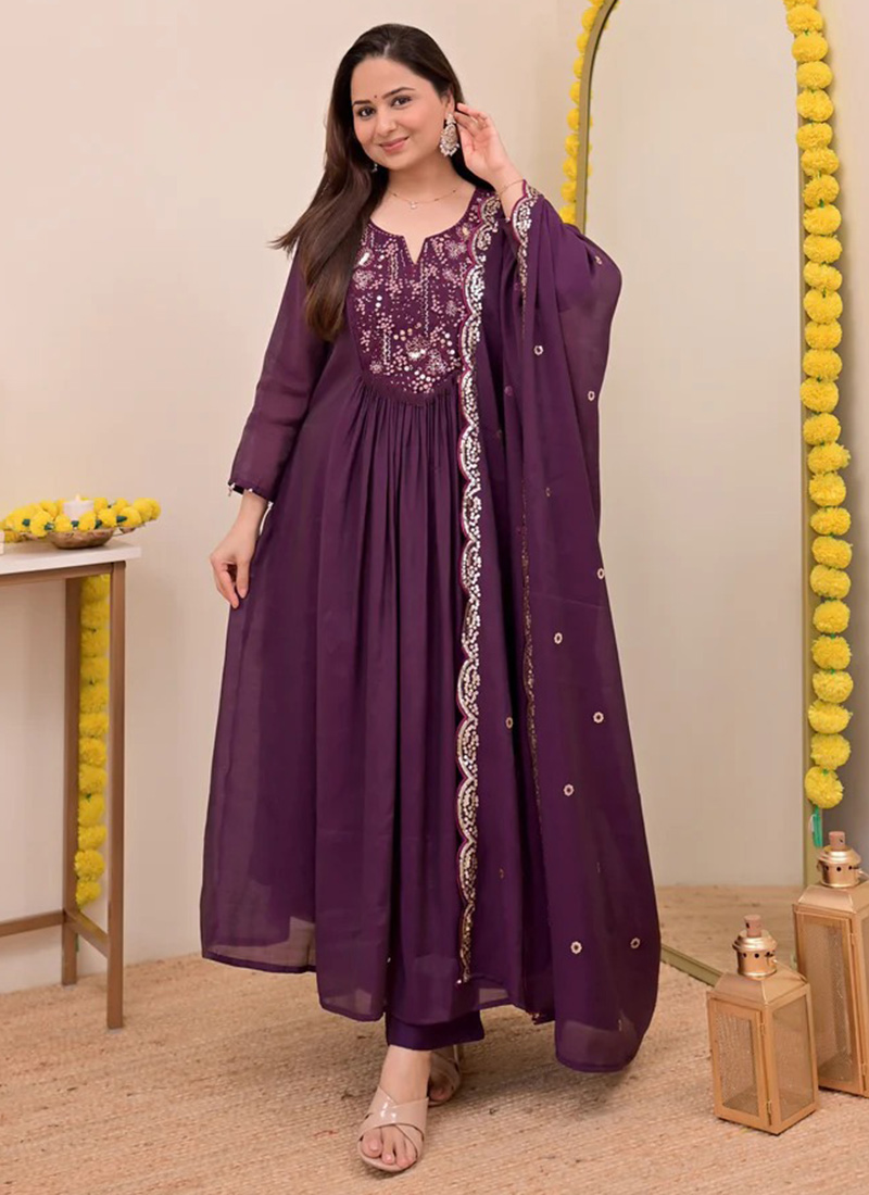 Wine Chanderi Silk Embroidered Anarkali Suit Festive Wear