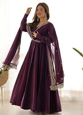 Wine Chanderi Silk Embroidered Anarkali Suit