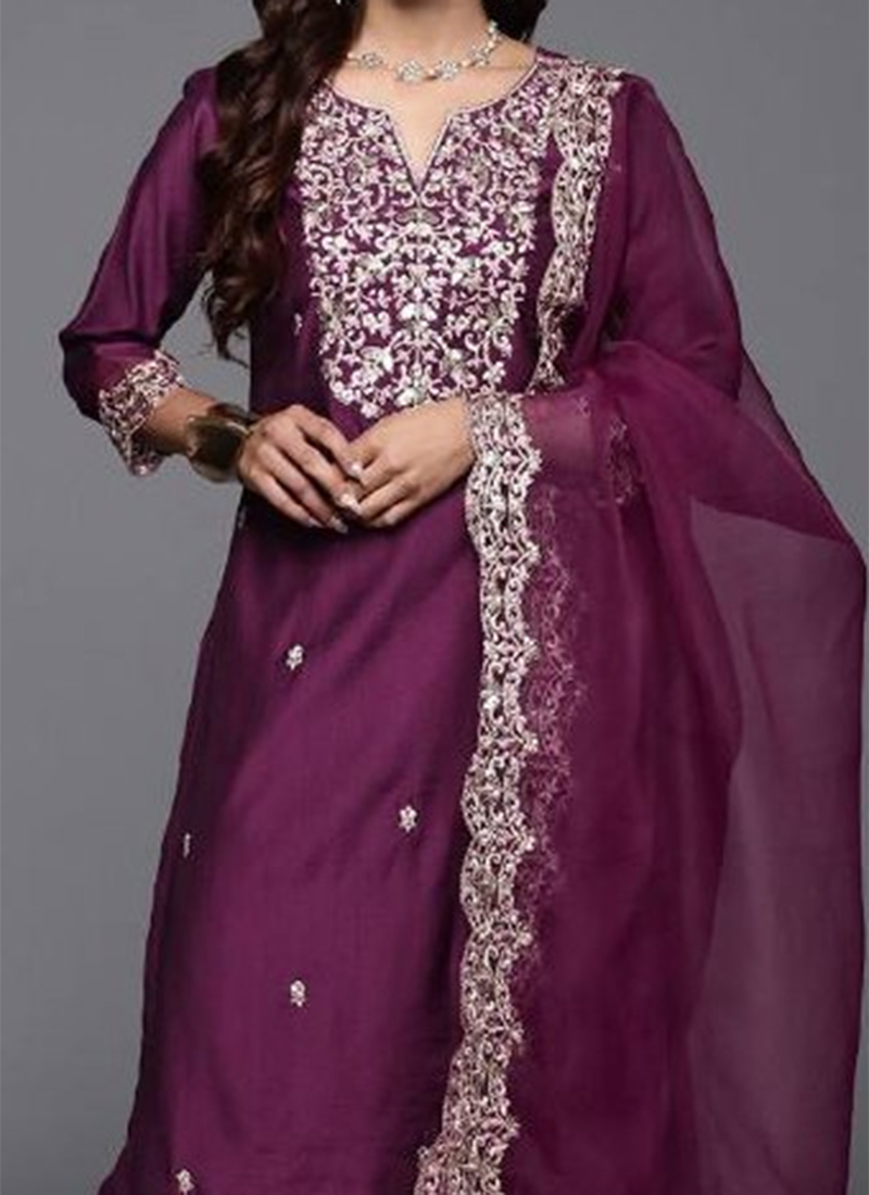 Shop Wine Chanderi Silk Embroidered Sequins Straight Pant Suit Festive ...