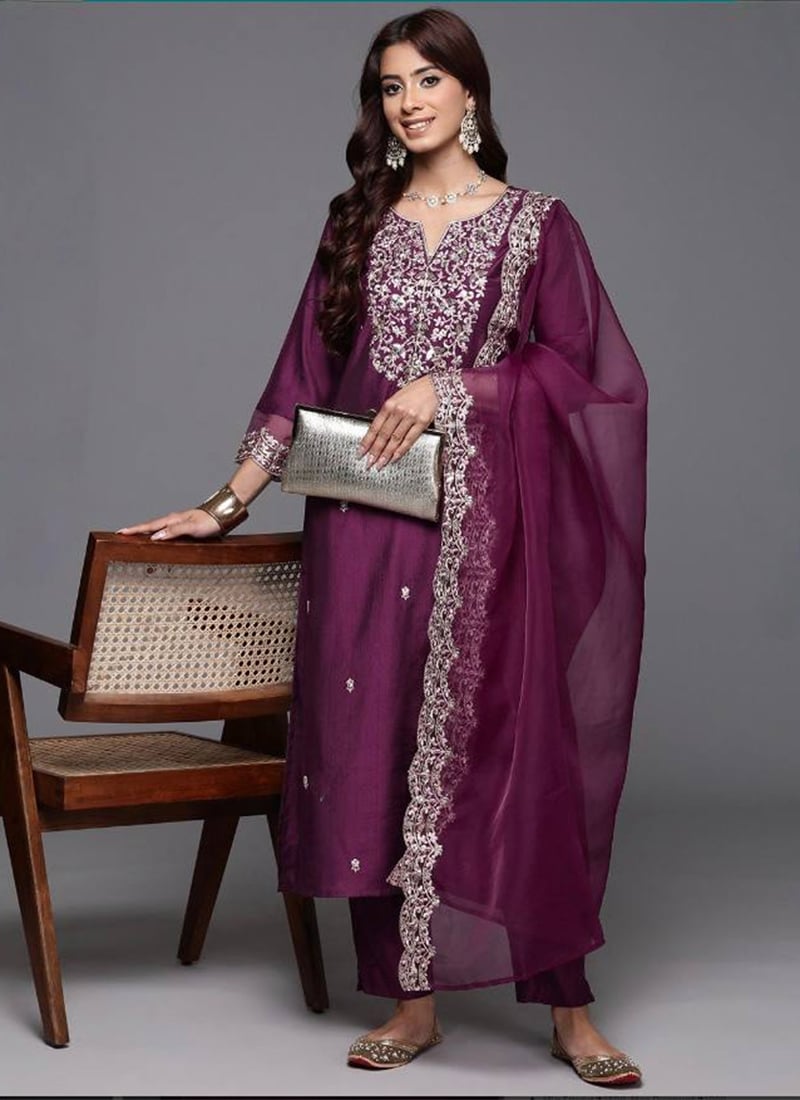 Wine Chanderi Silk Embroidered Sequins Straight Pant Suit Festive Wear