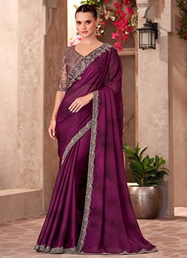Wine Chiffon Embroidered Sequins Cut Work Saree