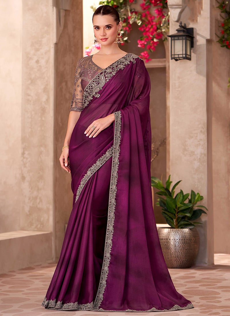 Wine Chiffon Embroidered Sequins Cut Work Saree Festive Wear