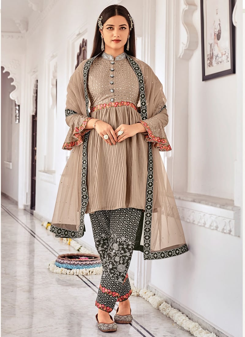 Beige Chinon Embroidered Straight Pant Suit Party Wear