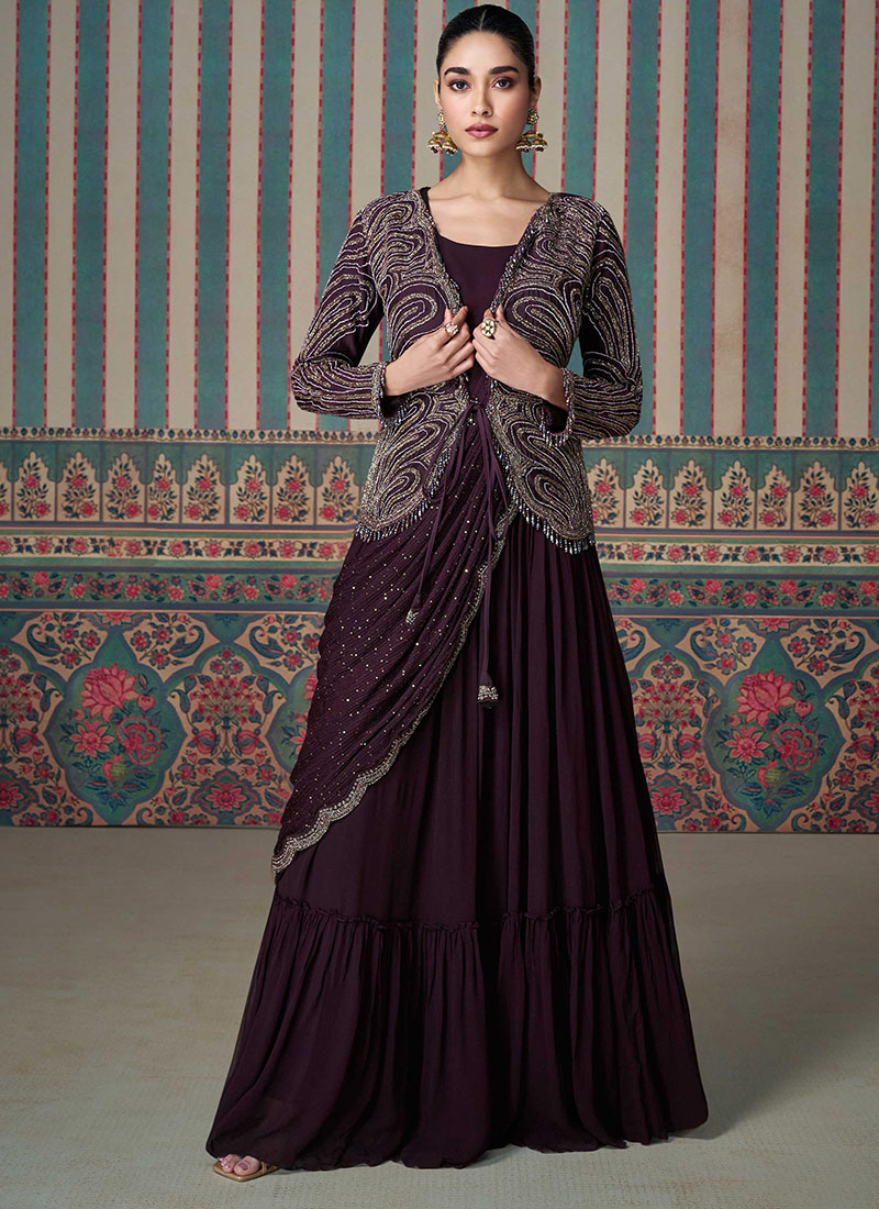 Wine Chinon Beads Embroidered Sequins Breathtaking Gown With Jacket Wedding Wear-BGWRSCC54935683