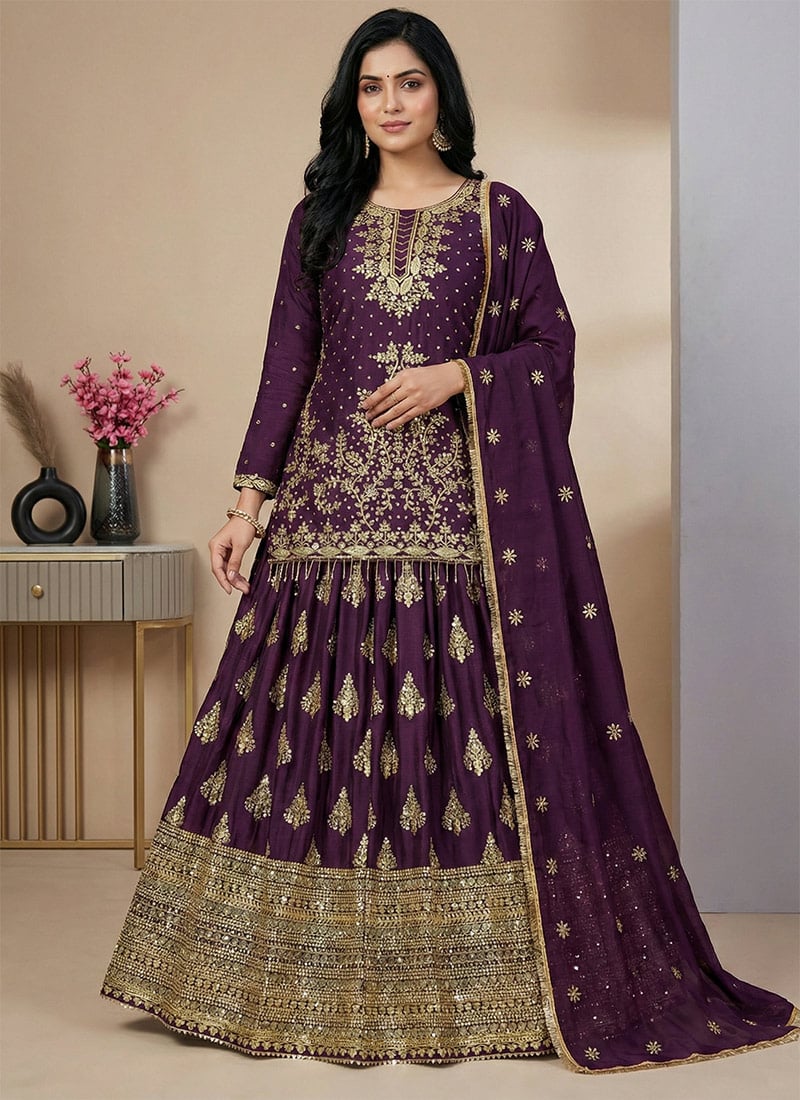 Wine Chinon Embroidered Sequins A Line Lehenga Festive Wear