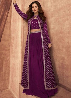 Wine Chinon Embroidered Sequins Indowestern Long Jacket Skirt Set