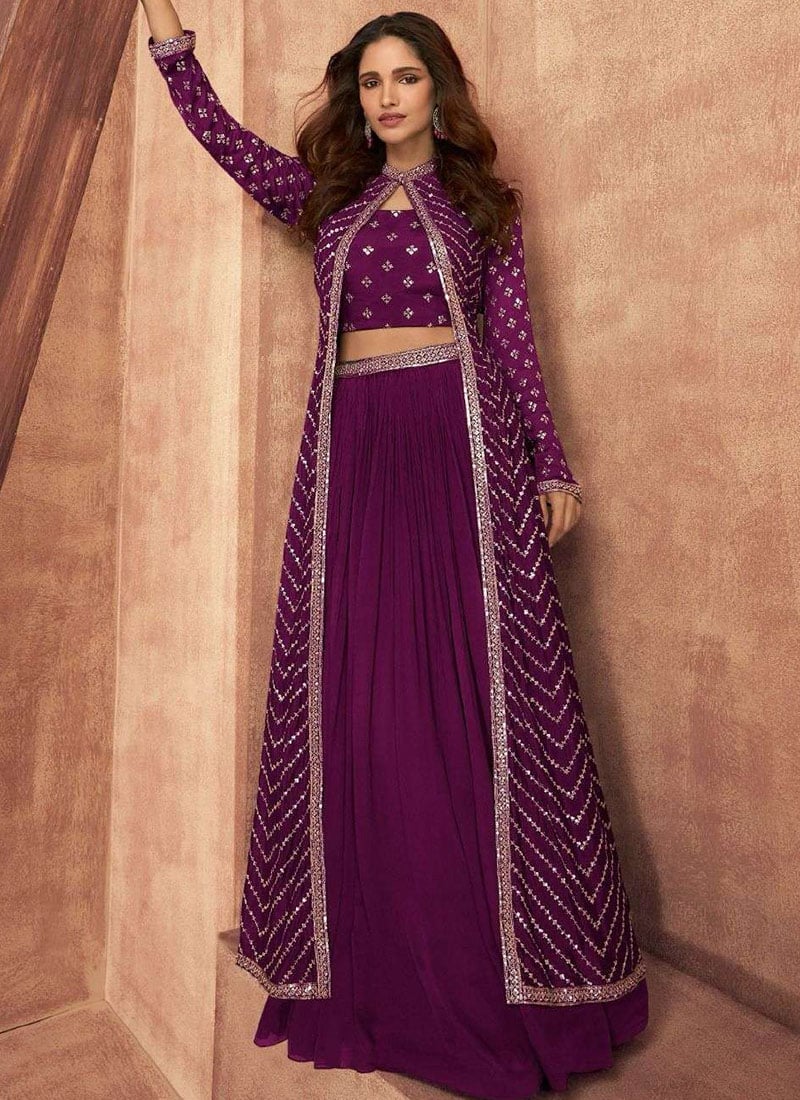 Wine Chinon Embroidered Sequins Indowestern Long Jacket Skirt Set After Six Wear