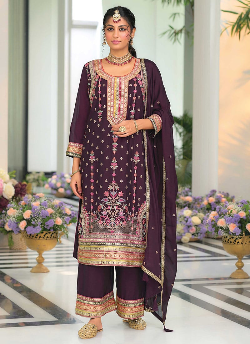 Wine Chinon Embroidered Sequins Pakistani Palazzo Suit A Beauty Festive Wear