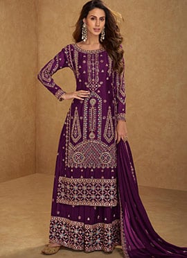 Wine Chinon Embroidered Sequins Palazzo Suit