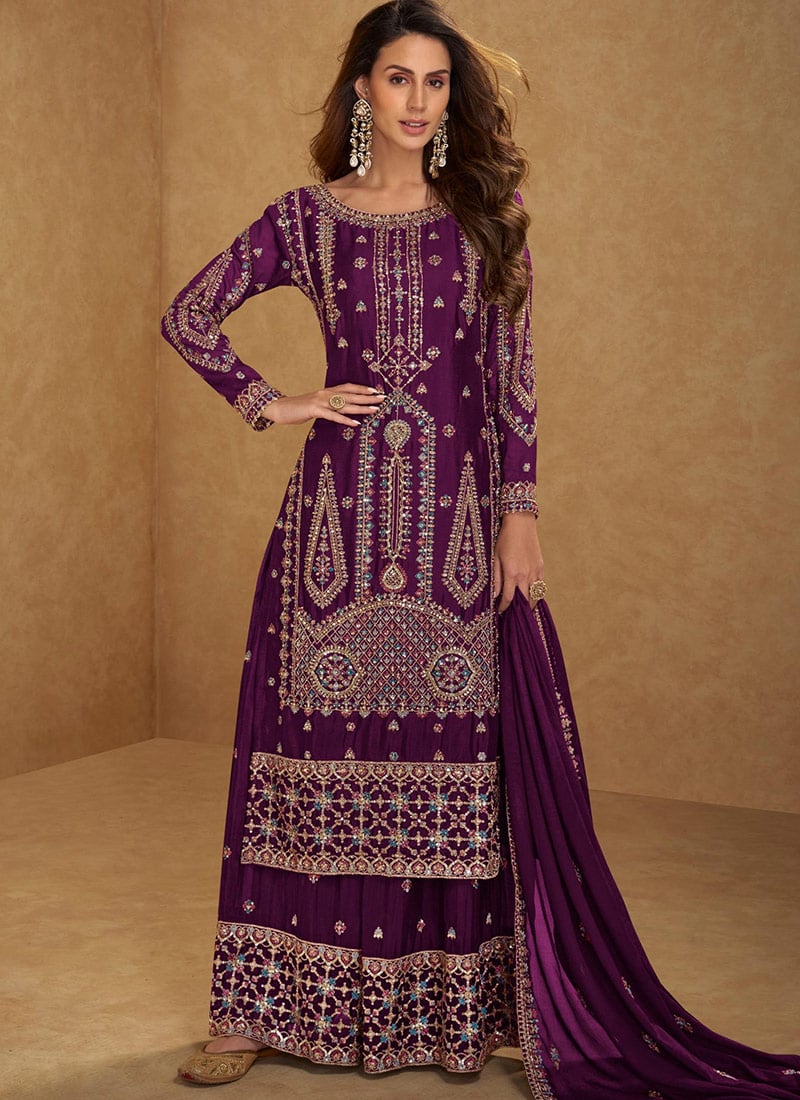 Wine Chinon Embroidered Sequins Palazzo Suit Festive Wear