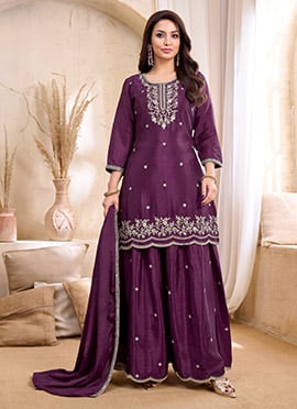 Wine Chinon Embroidered Sequins Palazzo Suit