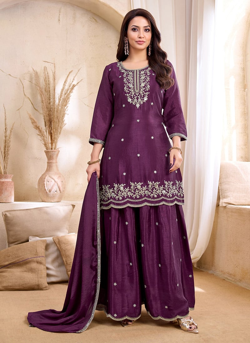 Wine Chinon Embroidered Sequins Palazzo Suit After Six Wear