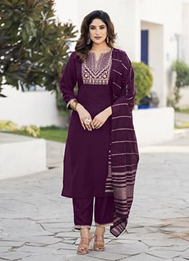Wine Chinon Embroidered Straight Pant Suit