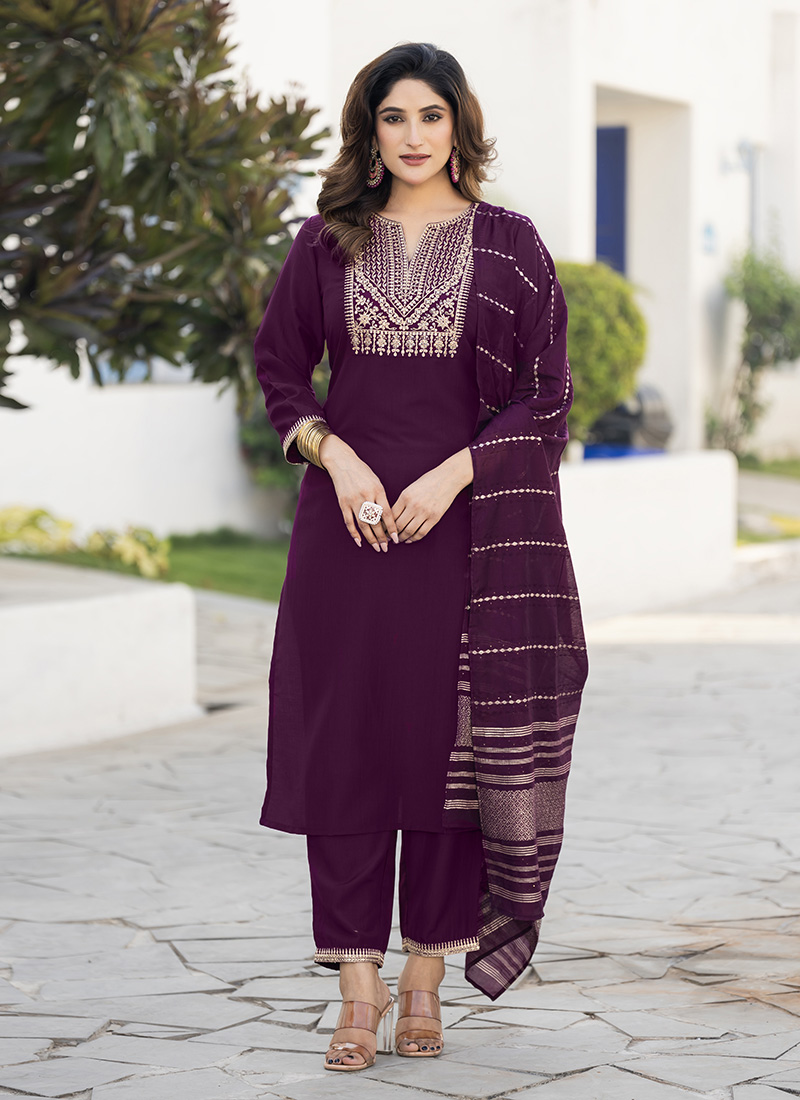 Wine Chinon Embroidered Straight Pant Suit After Six Wear