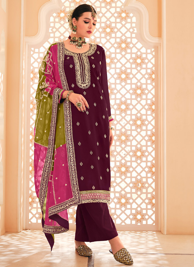 Wine Chinon Gota Patti Embroidered Straight Pant Suit Party Wear