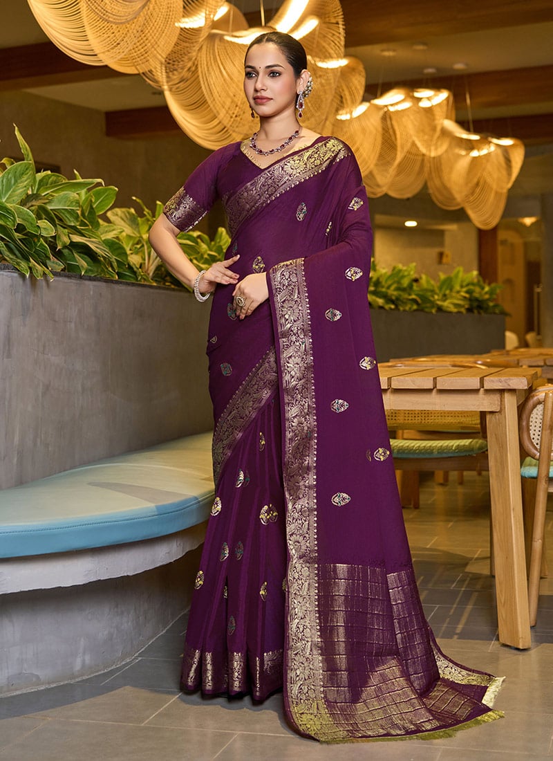 Wine Chinon Jacquard Woven Saree Festive Wear