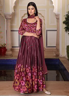 Wine Chinon Silk Digital Print Anarkali Suit