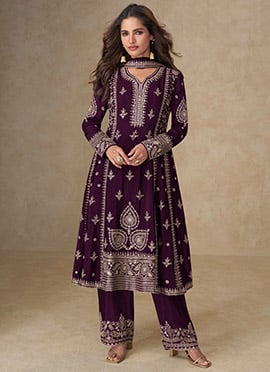 Wine Chinon Silk Embroidered Sequins A Line Palazzo Suit