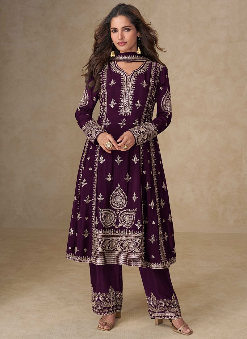 Wine Chinon Silk Embroidered Sequins A Line Palazzo Suit Festive Wear