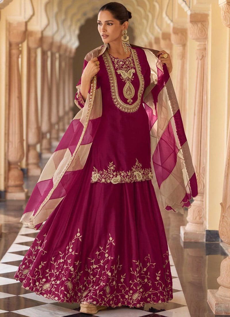 Wine Chinon Silk Embroidered Sequins Beads Zari Printed Palazzo Suit Festive Wear