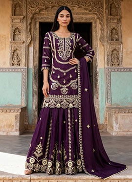 Wine Chinon Silk Embroidered Sequins Palazzo Suit