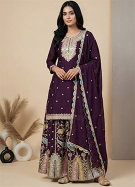 Wine Chinon Silk Embroidered Sequins Palazzo Suit
