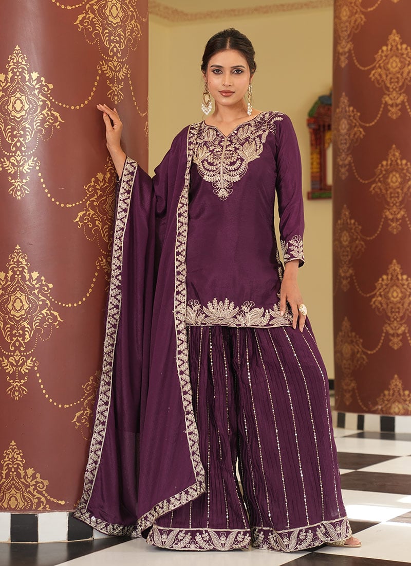 Wine Chinon Silk Embroidered Sequins Palazzo Suit Festive Wear