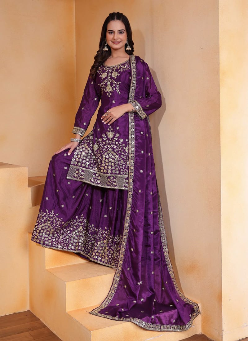 Wine Chinon Silk Embroidered Sequins Palazzo Suit Festive Wear