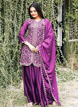 Wine Chinon Silk Embroidered Sequins Palazzo Suit
