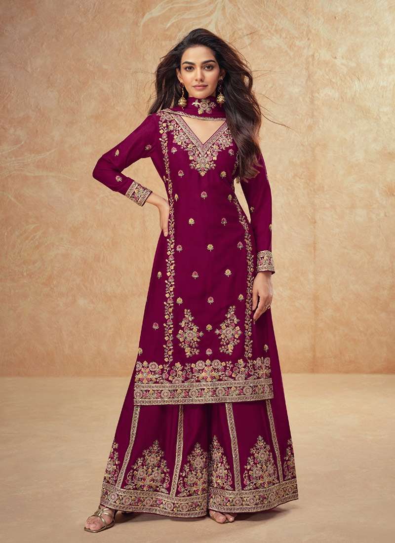 Women Wine Roman Silk Embroidered Palazzo Suit