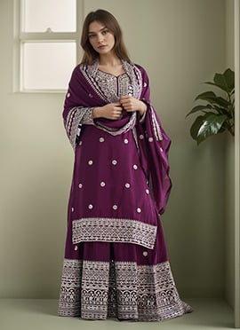 Wine Chinon Silk Embroidered Sequins Sharara Suit