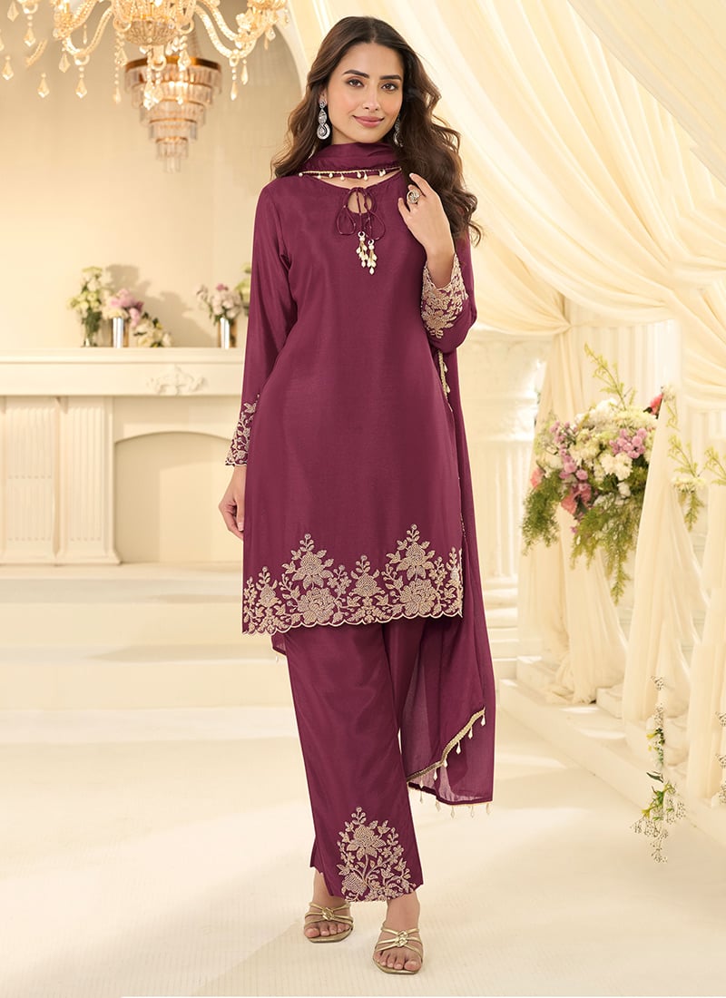Wine Chinon Silk Embroidered Sequins With Beads Straight Pant Suit Festive Wear