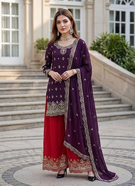 Wine Chinon Silk Embroidered Stones Palazzo Suit