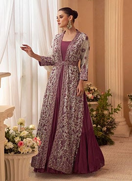 Wine Chinon Silk Embroidered Zari Sequins Anarkali Gown With Jacket