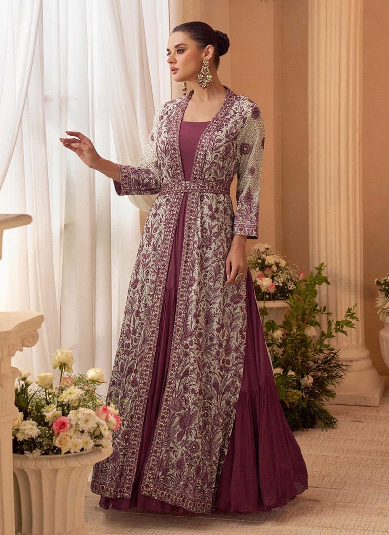 Wine Chinon Silk Embroidered Zari Sequins Anarkali Gown With Jacket