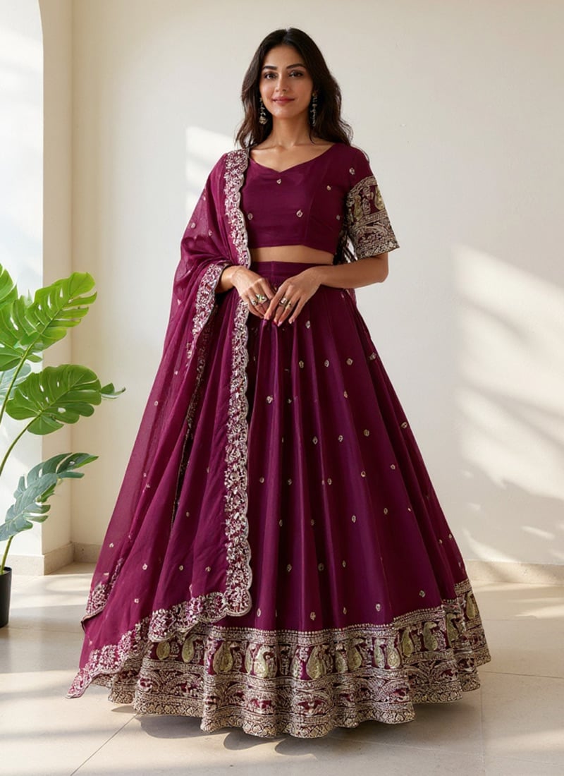 Wine Chinon Silk Sequins Lehenga Wedding Wear