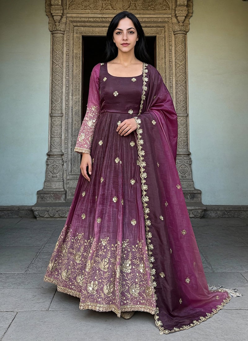 Wine Chinon Silk Sequins Zari Anarkali Suit Festive Wear