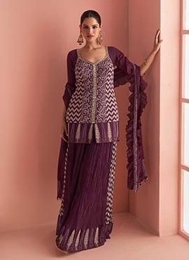 Wine Chinon Silk Thread Cutdana Sequins And Printed Palazzo Suit