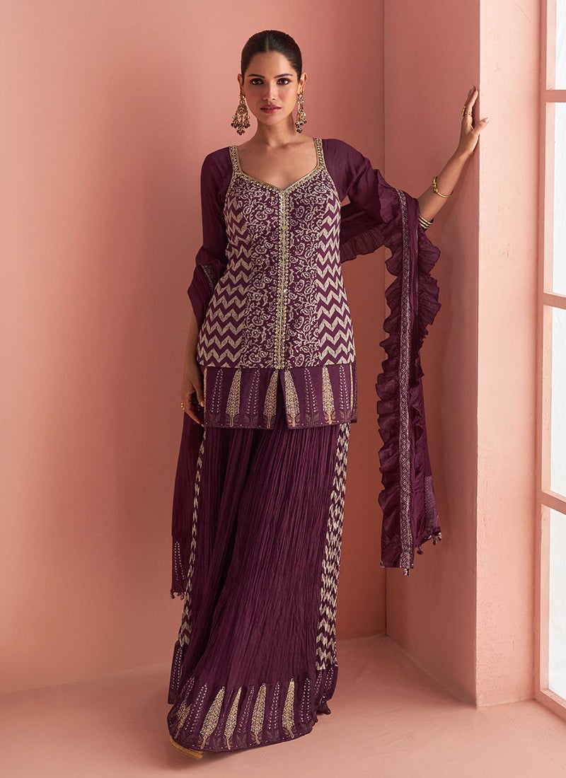 Wine Chinon Silk Thread Cutdana Sequins And Printed Palazzo Suit Festive Wear